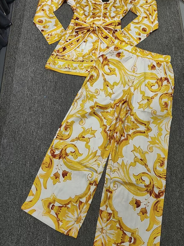 Retro geomeetrilise mustriga pitsiga avara särgi pidžaama kaheosaline 2024 sügis naiste uus + elastne vöökoht laia säärega pükste moekomplekt