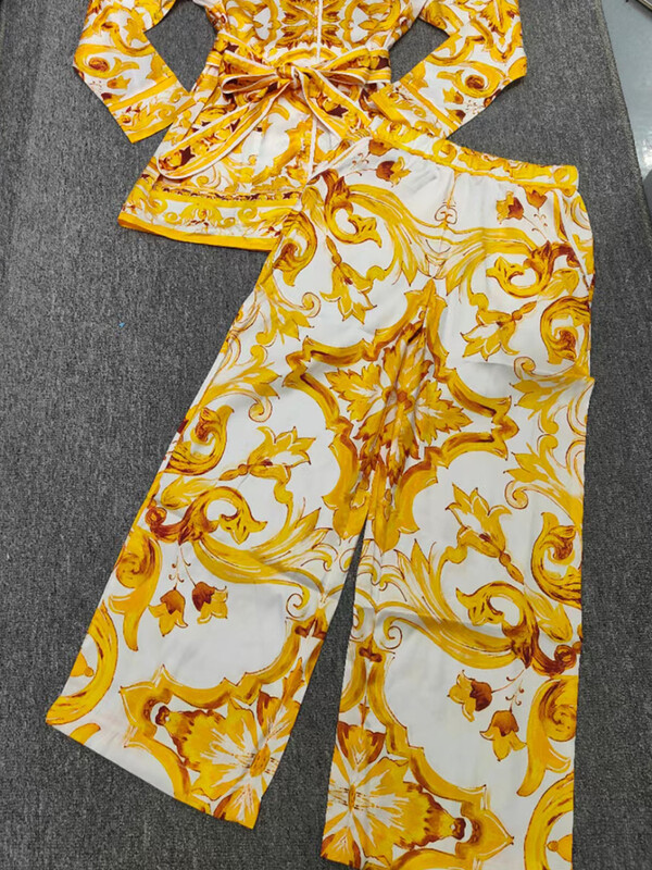 Retro geomeetrilise mustriga pitsiga avara särgi pidžaama kaheosaline 2024 sügis naiste uus + elastne vöökoht laia säärega pükste moekomplekt