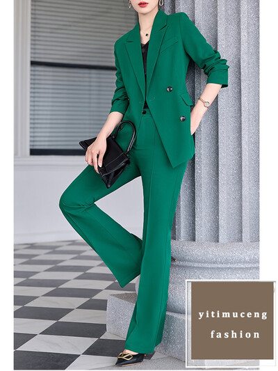 Yitimuceng Costume pentru femei Seturi de birou la modă clasică cu mânecă lungă la două piepte Blazere formale + costume cu pantaloni late cu talie înaltă