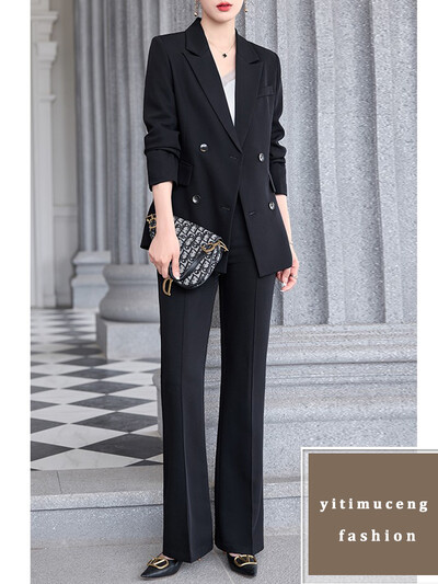 Yitimuceng Costume pentru femei Seturi de birou la modă clasică cu mânecă lungă la două piepte Blazere formale + costume cu pantaloni late cu talie înaltă