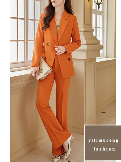 Yitimuceng Costume pentru femei Seturi de birou la modă clasică cu mânecă lungă la două piepte Blazere formale + costume cu pantaloni late cu talie înaltă