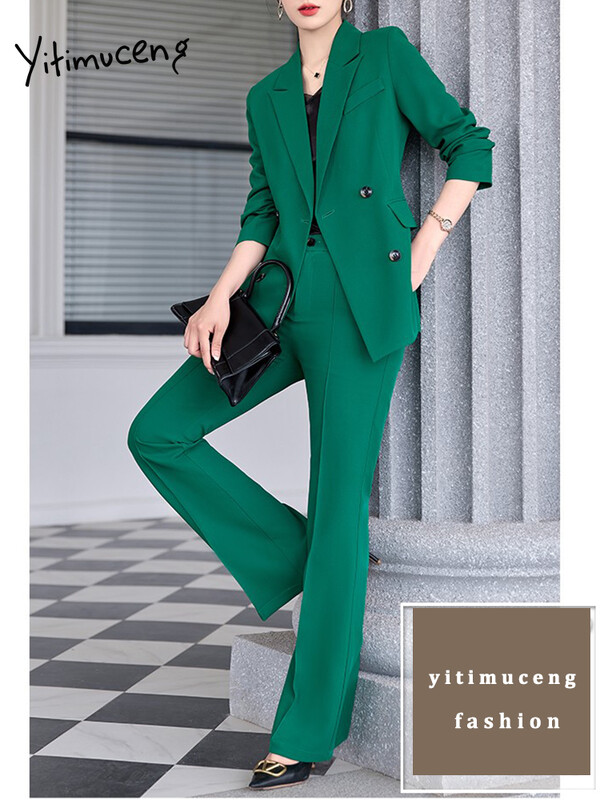 Yitimuceng Costume pentru femei Seturi de birou la modă clasică cu mânecă lungă la două piepte Blazere formale + costume cu pantaloni late cu talie înaltă