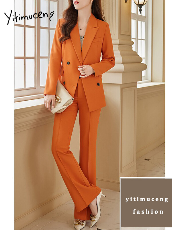 Yitimuceng Costume pentru femei Seturi de birou la modă clasică cu mânecă lungă la două piepte Blazere formale + costume cu pantaloni late cu talie înaltă