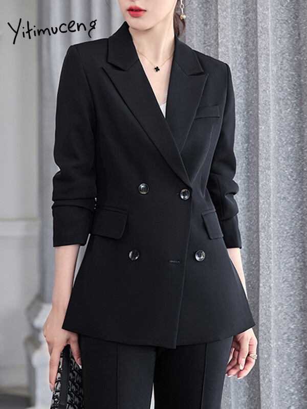 Yitimuceng Costume pentru femei Seturi de birou la modă clasică cu mânecă lungă la două piepte Blazere formale + costume cu pantaloni late cu talie înaltă
