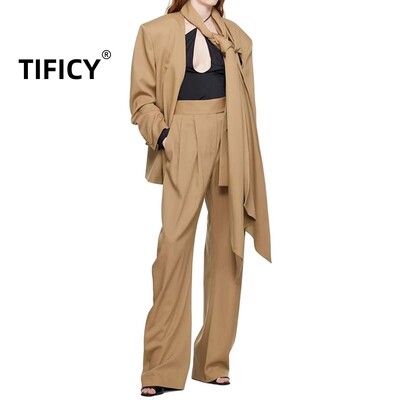 Set de două piese pentru femei de toamnă și iarnă, noua eșarfă, cu siluetă, blazere și set de pantaloni casual cu talie înaltă