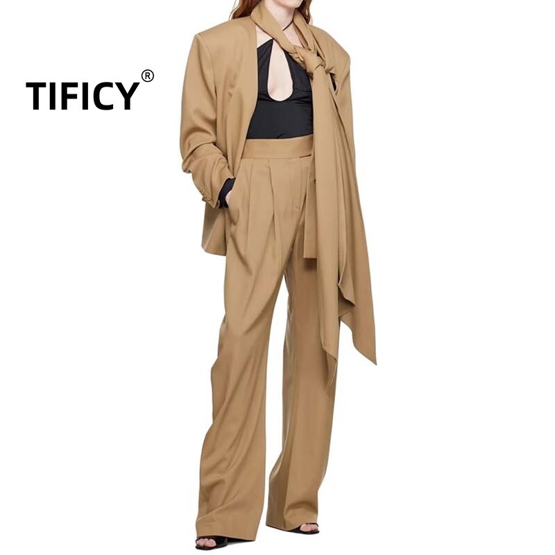 Set de două piese pentru femei de toamnă și iarnă, noua eșarfă, cu siluetă, blazere și set de pantaloni casual cu talie înaltă