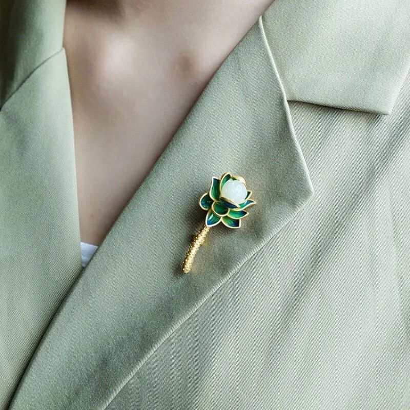 Καρφίτσες με φυσικό σμάλτο από λευκό νεφρίτη, πράσινο λουλούδι λωτού για γυναίκες, εκλεκτής ποιότητας κοσμήματα υψηλής ποιότητας σε στυλ δικαστηρίου