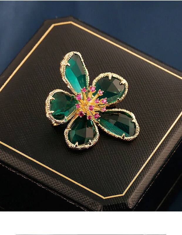 Divat nagy zöld kristály virágos melltűk nőknek, női parti ékszerek, ajándékok, retro stílusú brossok