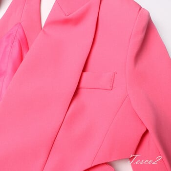 Tesco New Office Pantsuit Hollow Out Blazer+Long Pants For Women Fashion Casual Suit Set for Event Party Γυναικείο Ροζ 2 τμχ