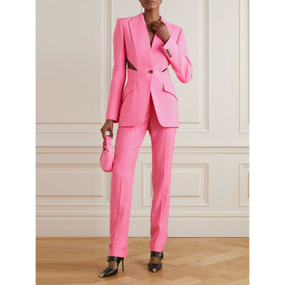 Tesco New Office Pantsuit Hollow Out Blazer+Pantaloni lungi pentru femei Seturi de costum ocazional la moda pentru eveniment petrecere femei roz 2 buc