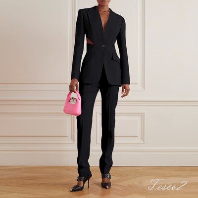 Tesco New Office Pantsuit Hollow Out Blazer+Pantaloni lungi pentru femei Seturi de costum ocazional la moda pentru eveniment petrecere femei roz 2 buc