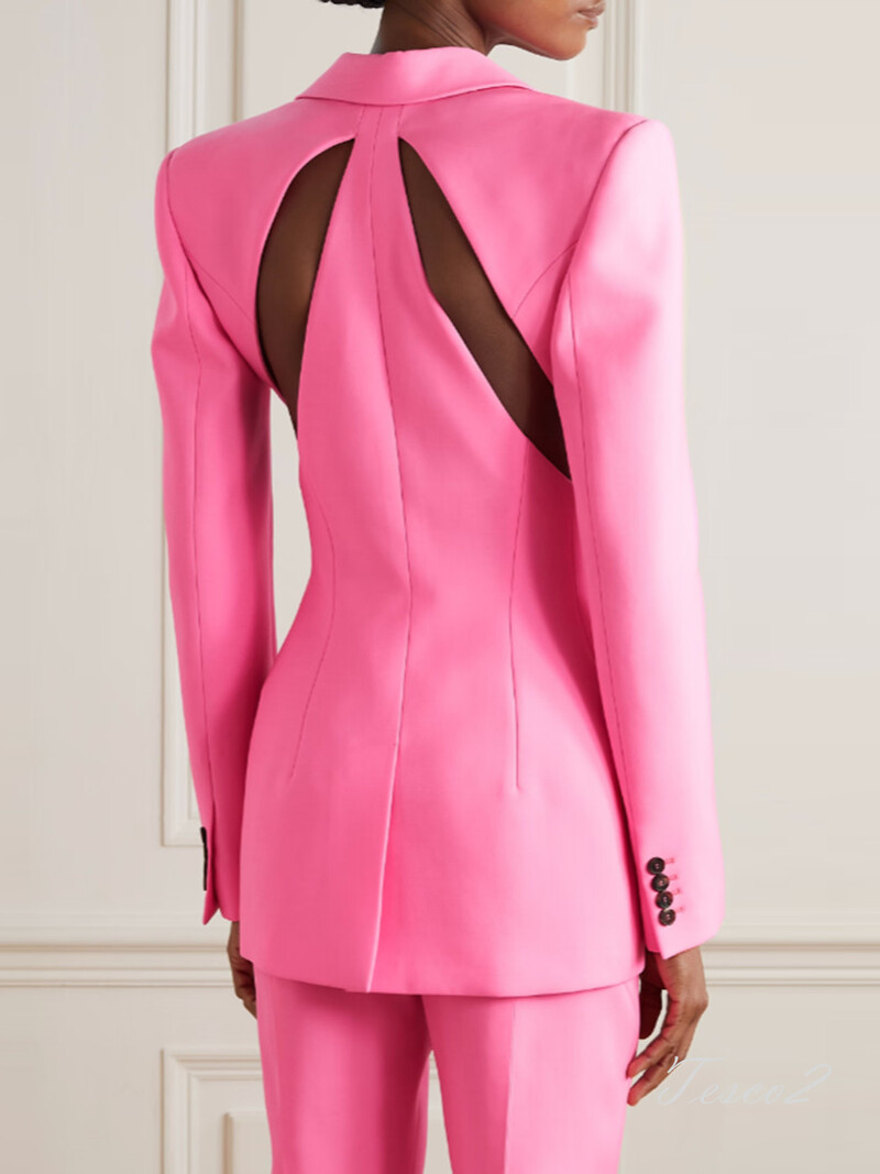 Tesco New Office Pantsuit Hollow Out Blazer+Pantaloni lungi pentru femei Seturi de costum ocazional la moda pentru eveniment petrecere femei roz 2 buc
