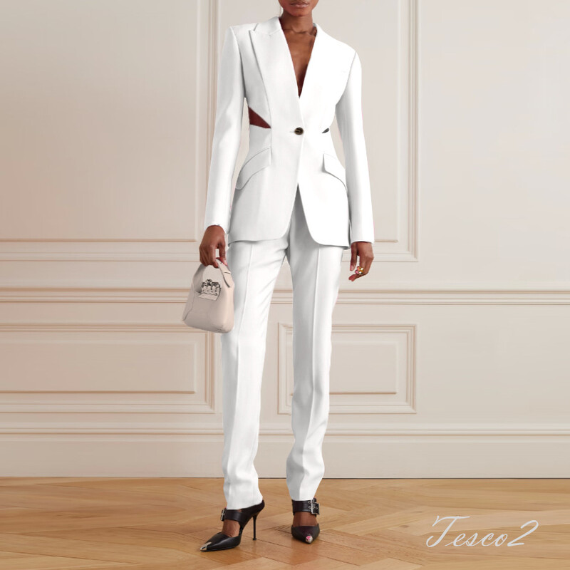 Tesco New Office Pantsuit Hollow Out Blazer+Pantaloni lungi pentru femei Seturi de costum ocazional la moda pentru eveniment petrecere femei roz 2 buc