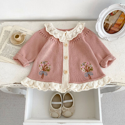 Őszi női baba retro hímzett nyitott ingkabát Divatos levélszél kihajtható gallér A-típusú hosszú pulóver pamut anyag