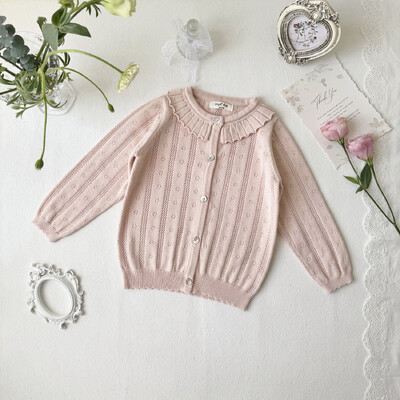 deer jonmi 2024, noua primăvară, pentru copii, pulovere tricotate, guler plisat, scobit pentru fete, cardigan din bumbac, pulover, paltoane