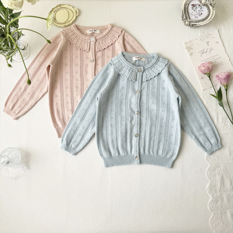 deer jonmi 2024, noua primăvară, pentru copii, pulovere tricotate, guler plisat, scobit pentru fete, cardigan din bumbac, pulover, paltoane