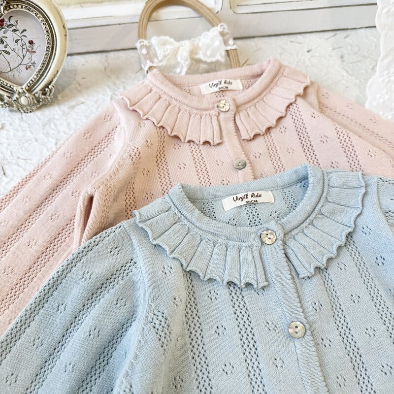 deer jonmi 2024, noua primăvară, pentru copii, pulovere tricotate, guler plisat, scobit pentru fete, cardigan din bumbac, pulover, paltoane