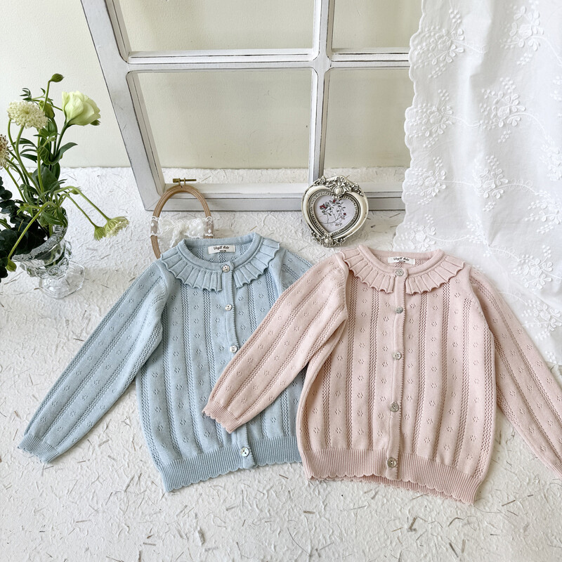 deer jonmi 2024, noua primăvară, pentru copii, pulovere tricotate, guler plisat, scobit pentru fete, cardigan din bumbac, pulover, paltoane