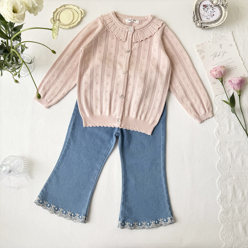 deer jonmi 2024, noua primăvară, pentru copii, pulovere tricotate, guler plisat, scobit pentru fete, cardigan din bumbac, pulover, paltoane