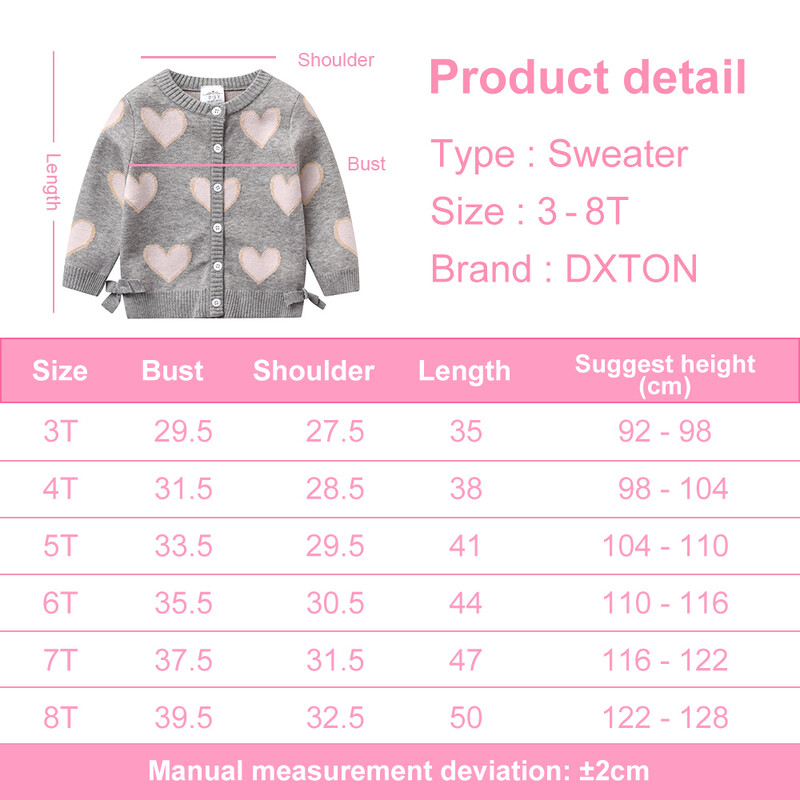 DXTON Toamnă Iarnă Pulovere pentru fete Copii cu mânecă lungă Cardigane tricotate în formă de inimă Pulovere pentru fete Jachetă Îmbrăcăminte exterioară pentru copii