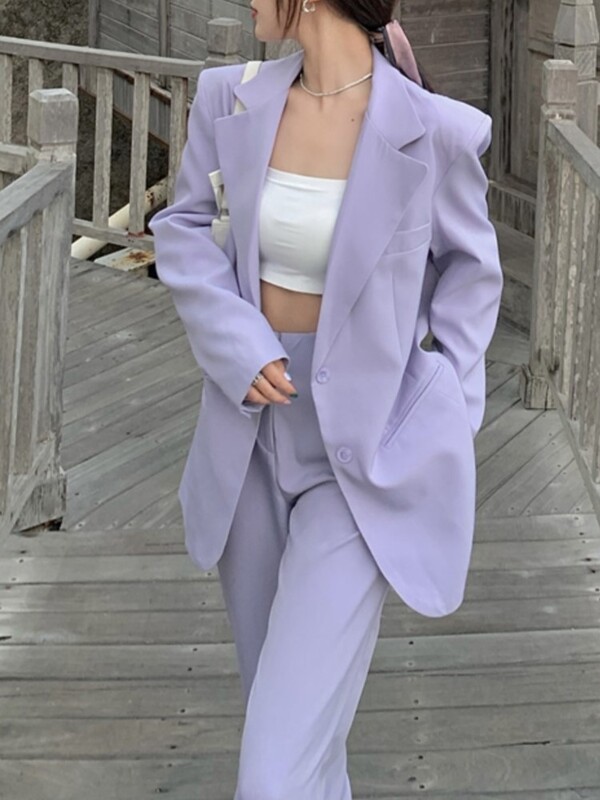 Őszi női lila blézer nadrágkosztüm koreai divat vintage bő kabát nadrág 2 részes szett Női üzleti alkalmi nadrág ruha