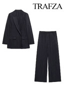 TRAFZA női 2 részes szett divatos ráncos hatású hajtókás kardigán blézer+új elegáns elasztikus derékrés redőzött oldalzsebek hosszú nadrág