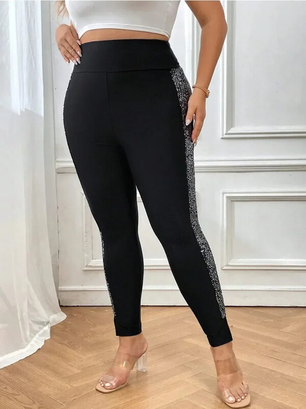 Női nagyméretű, elegáns egyszínű sztreccs leggings, divatos flitteres oldalvarrás vékony nadrág