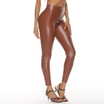 Ψηλόμεσο δερμάτινο παντελόνι Γυναικείο ελαστικό γλουτός τεσσάρων όψεων Σέξι λεπτό κολάν Μασίφ PU στενά κολάν