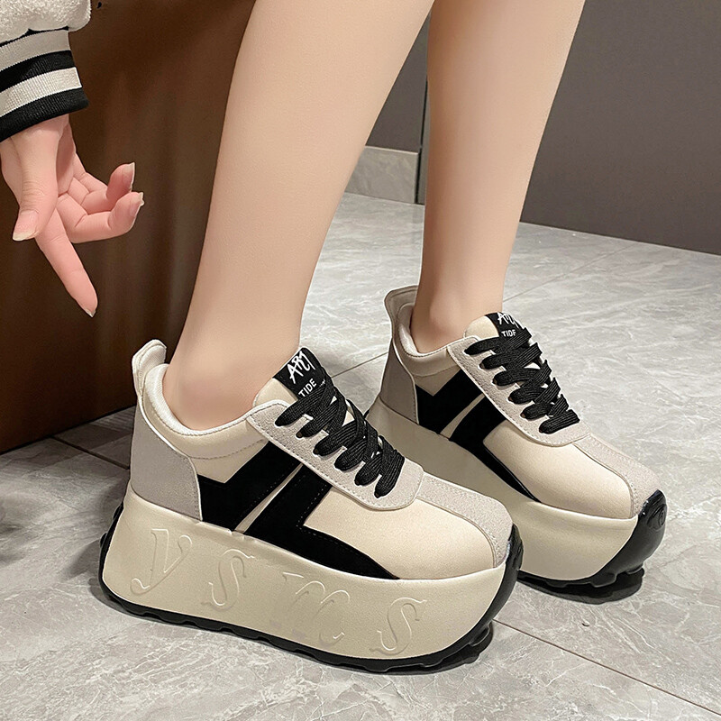 Divatos vaskos tornacipő női cipőknek tavaszi őszi fűzős 7,5 cm vastag alsó csúszásmentes könnyű, kényelmes sportcipő