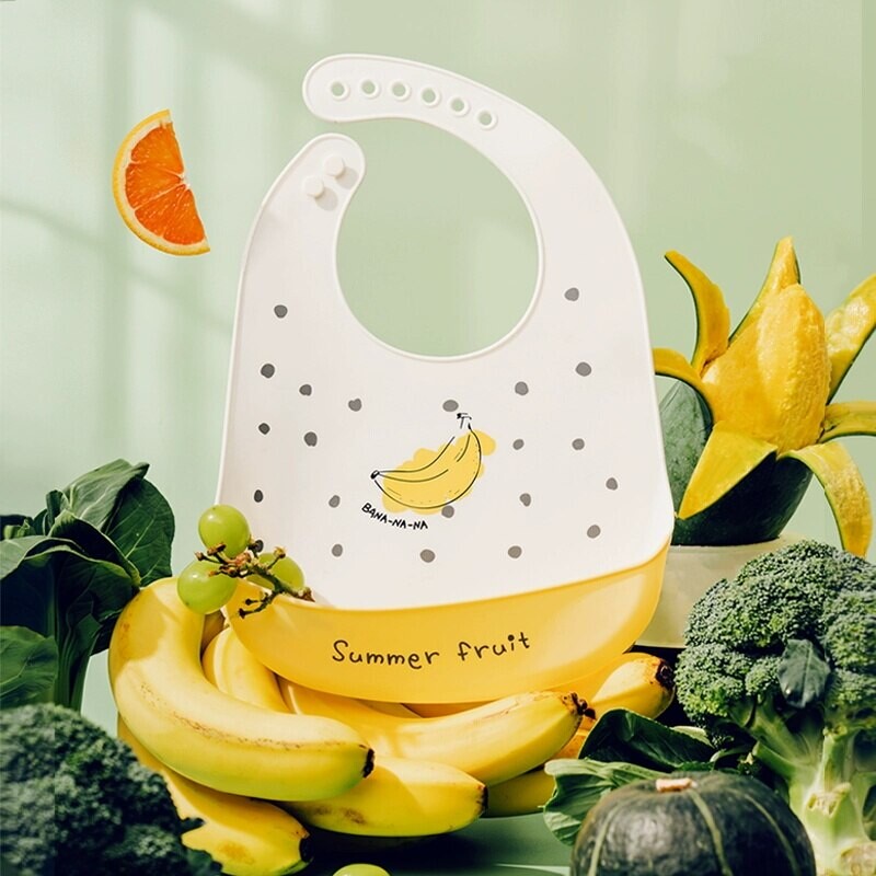 Bavete Babi din silicon, impermeabilă, cu picurare de saliva, bavete cu banane, desene animate, hrănire pentru nou-născuți, șorțuri comestibile moi, eșarfă reglabilă pentru burp