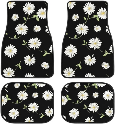Πατάκια αυτοκινήτου Daisy Σετ 4 Cute Daisy Flowers Μαύρα Όχημα Μπροστινά Πίσω Χαλιά Ματ Διακοσμητικά Αξεσουάρ δαπέδου αυτοκινήτου Universal