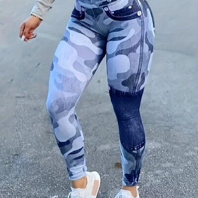 Sieviešu lielizmēra 1XL-5XL Ikdienas Slim Fit Legingi Sieviešu mākslīgā džinsa bikses ar augstu jostasvietu, šauri pieguļošas apdrukātas maskēšanās bikses
