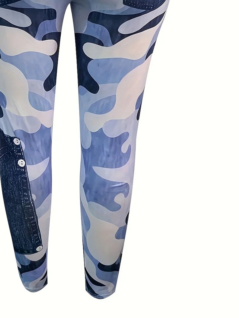 Sieviešu lielizmēra 1XL-5XL Ikdienas Slim Fit Legingi Sieviešu mākslīgā džinsa bikses ar augstu jostasvietu, šauri pieguļošas apdrukātas maskēšanās bikses