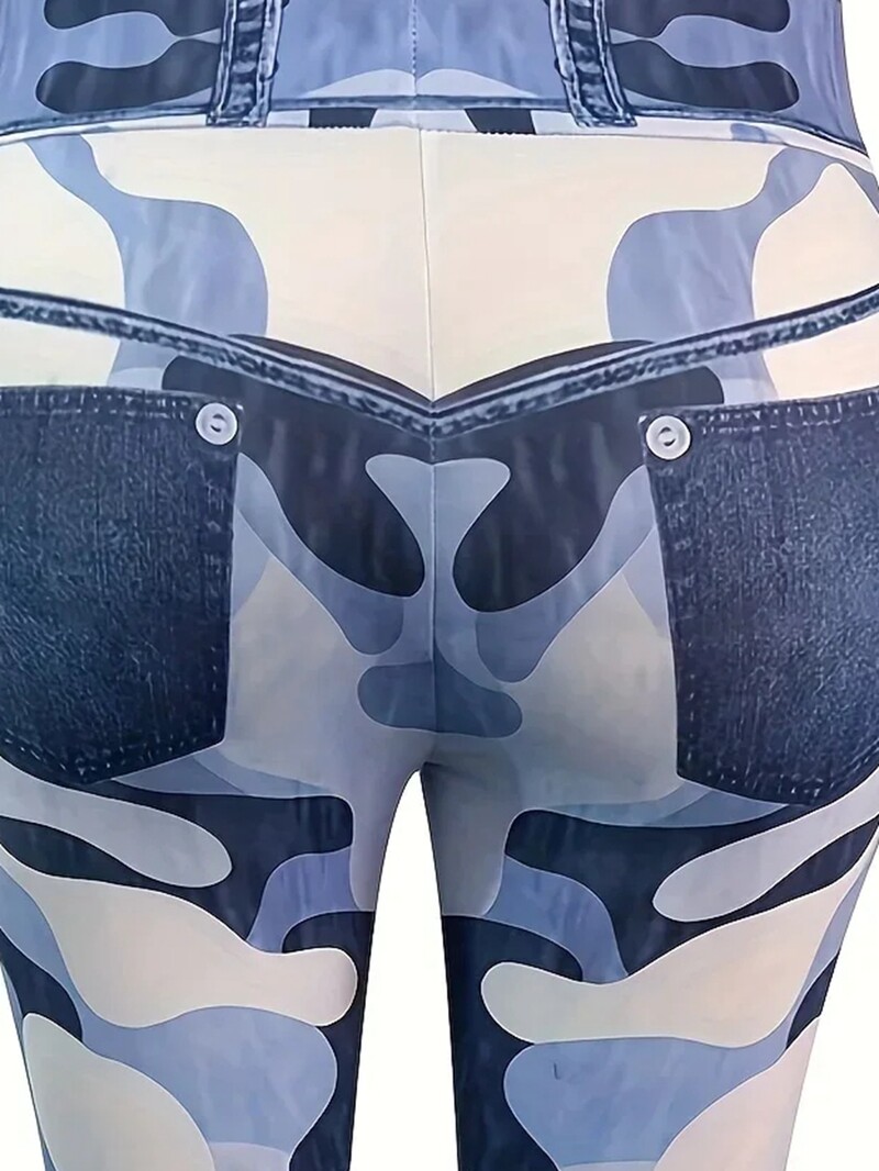 Sieviešu lielizmēra 1XL-5XL Ikdienas Slim Fit Legingi Sieviešu mākslīgā džinsa bikses ar augstu jostasvietu, šauri pieguļošas apdrukātas maskēšanās bikses