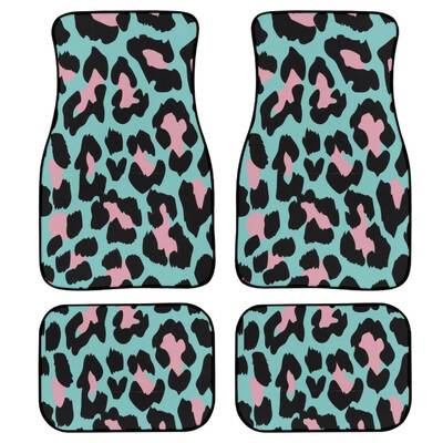 Set de 4 bucăți covorașe pentru mașină cu imprimeu roz cu leopard pentru femei Accesorii antiderapante pentru mașină Covor mochetă față și spate durabil