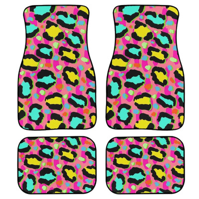 Set de 4 bucăți covorașe pentru mașină cu imprimeu roz cu leopard pentru femei Accesorii antiderapante pentru mașină Covor mochetă față și spate durabil