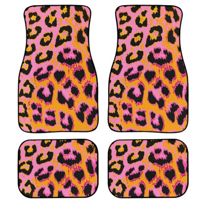 Set de 4 bucăți covorașe pentru mașină cu imprimeu roz cu leopard pentru femei Accesorii antiderapante pentru mașină Covor mochetă față și spate durabil