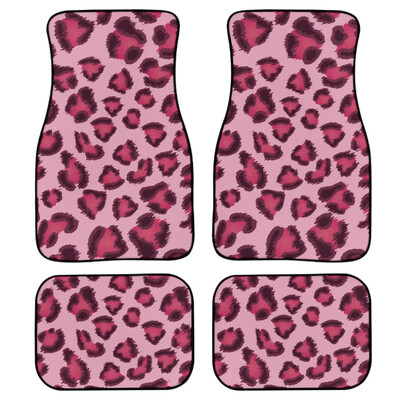 Set de 4 bucăți covorașe pentru mașină cu imprimeu roz cu leopard pentru femei Accesorii antiderapante pentru mașină Covor mochetă față și spate durabil