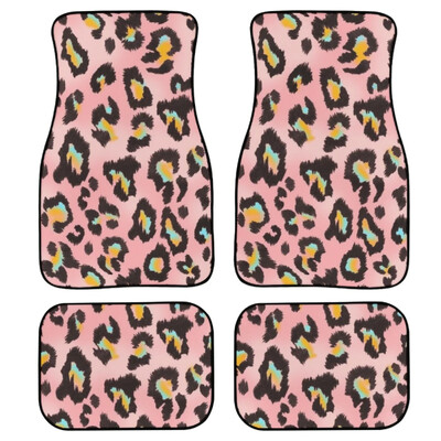 Set de 4 bucăți covorașe pentru mașină cu imprimeu roz cu leopard pentru femei Accesorii antiderapante pentru mașină Covor mochetă față și spate durabil
