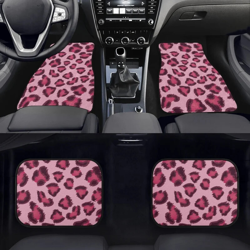 Set de 4 bucăți covorașe pentru mașină cu imprimeu roz cu leopard pentru femei Accesorii antiderapante pentru mașină Covor mochetă față și spate durabil