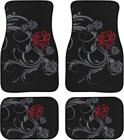 Goth αξεσουάρ αυτοκινήτου Rose πατάκια αυτοκινήτου Vintage ντεκόρ αυτοκινήτου Πατάκια δαπέδου σε σκούρο στυλ για αυτοκίνητα παντός καιρού Universal Fit 4 Pack
