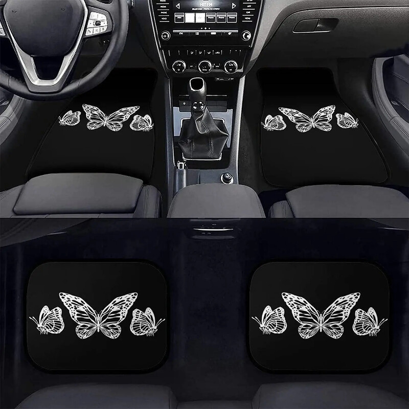 Butterfly mustade auto põrandamattide komplekt eesmiste ja tagumiste vooderdiste jaoks, Universal Fit vaipkattega põrandamattide komplekt 4 tk maasturitele, kaubikutele, sedaanidele