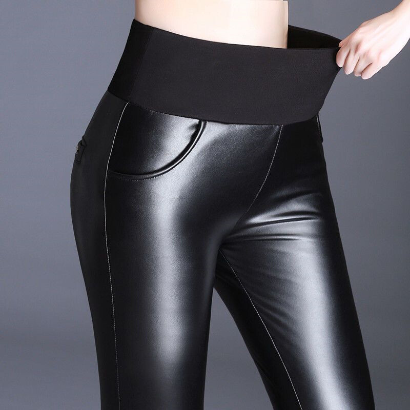 S-5XL Pantaloni negri din piele artificială pentru femei, plus catifea, pantaloni slim, lungi și slăbiți, colanți elastici, colanți caldi din PU, C369