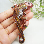 Vintage Brwon șopârlă Gecko Animal pandantiv Broșă Pin Strass Cristal Cadouri