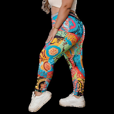 Nagy méretű női színes foltmintás virágmintás leggings, magasan nyúló kötött alkalmi komfort sportnadrág derékközép nadrág