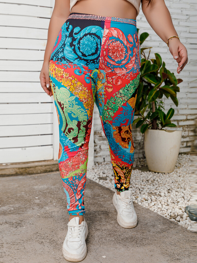 Nagy méretű női színes foltmintás virágmintás leggings, magasan nyúló kötött alkalmi komfort sportnadrág derékközép nadrág