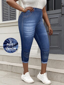 Nagy méretű női capri leggings műfarmer nyomattal, nagy nyúlású, kényelmes kötött lábszárú nadrág alkalmi kirándulásokhoz