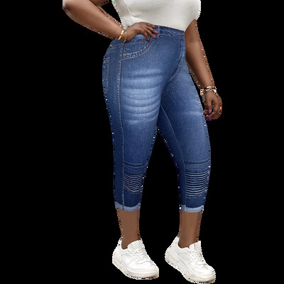 Nagy méretű női capri leggings műfarmer nyomattal, nagy nyúlású, kényelmes kötött lábszárú nadrág alkalmi kirándulásokhoz