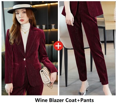 Υψηλής ποιότητας υφασμάτινο βελούδινο γυναικείο επαγγελματικό κοστούμι με παντελόνι και μπουφάν Παλτό για γυναίκες Εργασία γραφείου Σετ μπλέιζερ Σετ παντελονιών