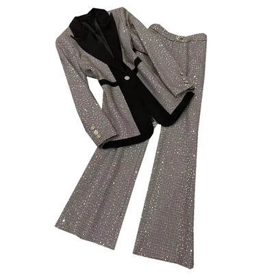 Divatos flitter 2 részes szettek női őszi téli alkalmi hosszú ujjú blézerek kabátok és nadrágok öltöny elegáns irodai női felszerelés